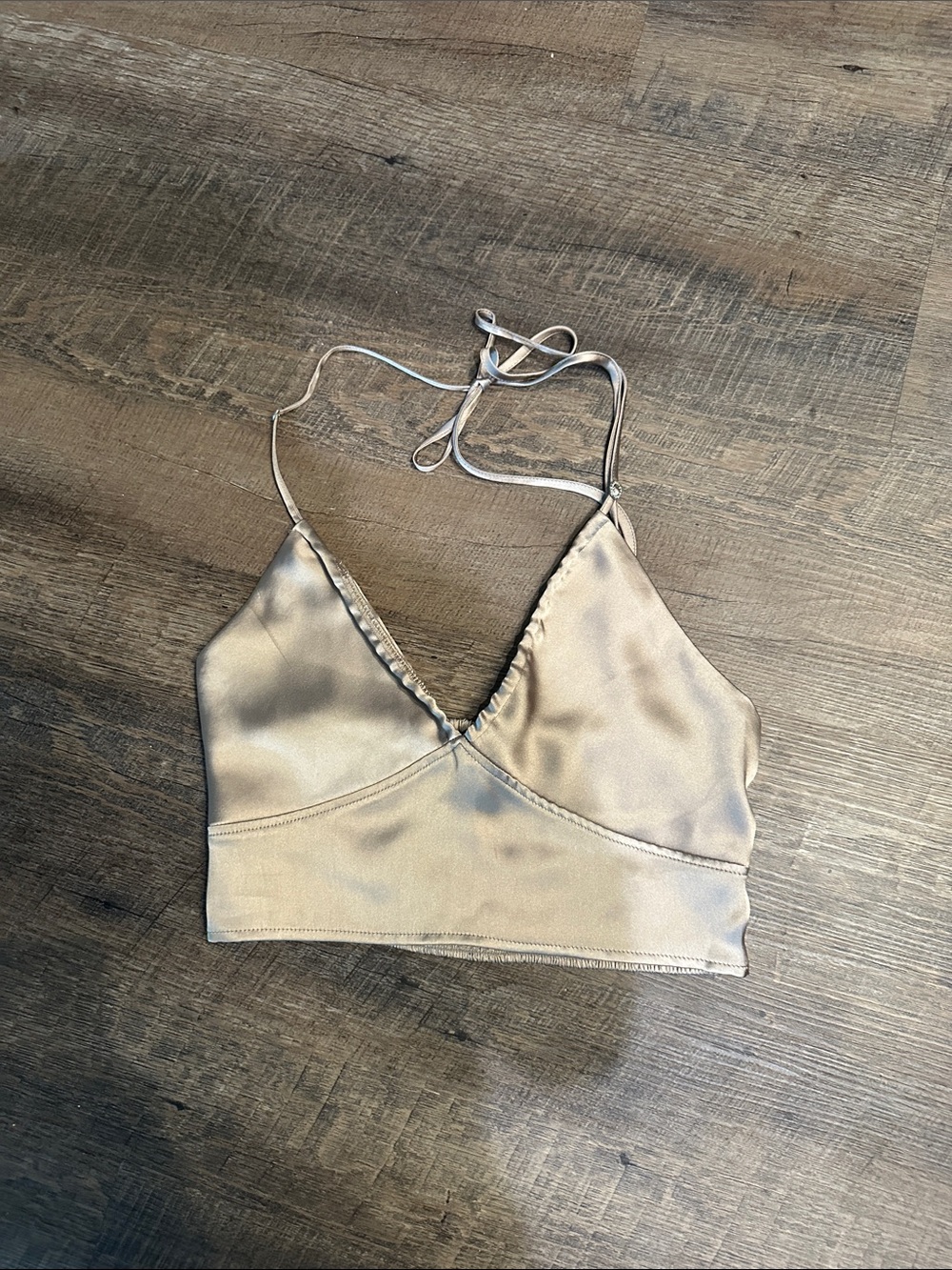 Garage Beige Satin-Look Cropped Halter Top
